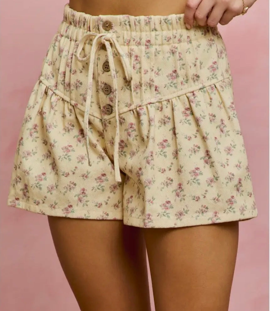 Floral Print Pintuck Denim Shorts