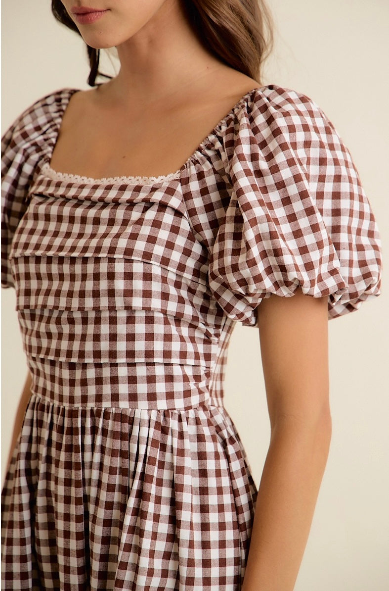 Brown Gingham Midi Dress