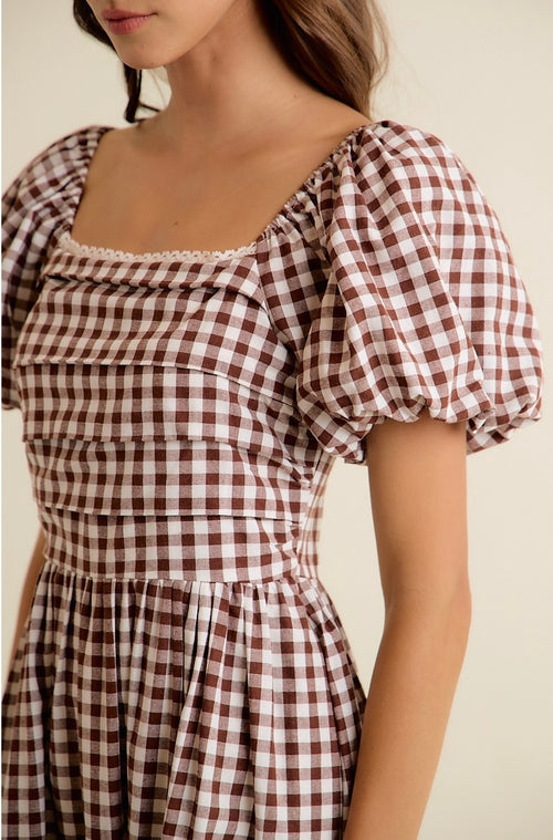 Brown Gingham Midi Dress