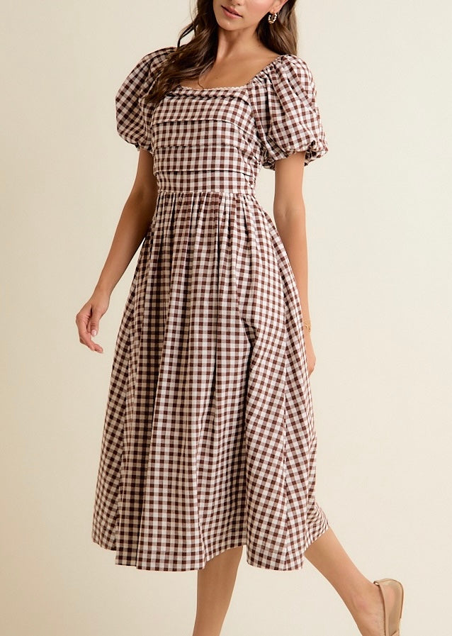 Brown Gingham Midi Dress