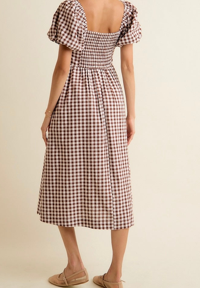 Brown Gingham Midi Dress